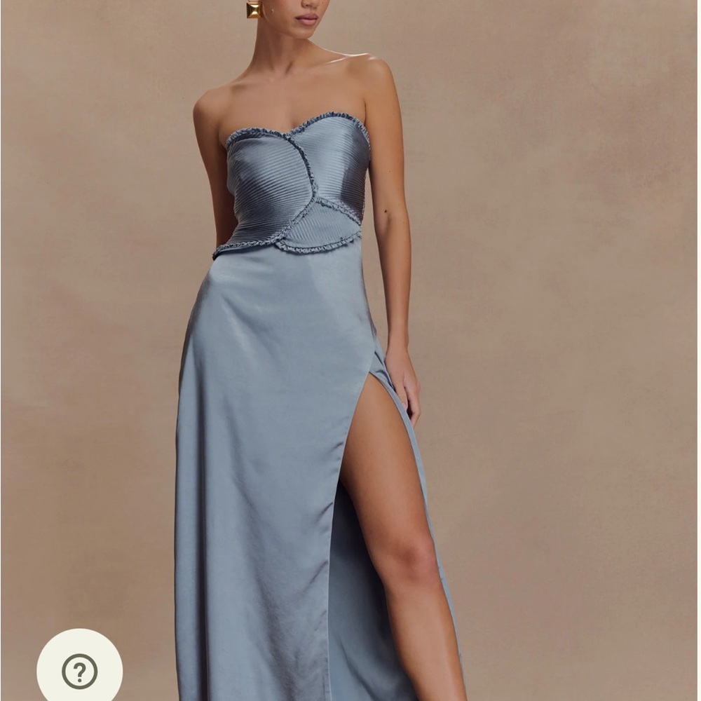Meshki Satin Maxi Dress With Ruched Petals - Frosted Blue

Regular price $195